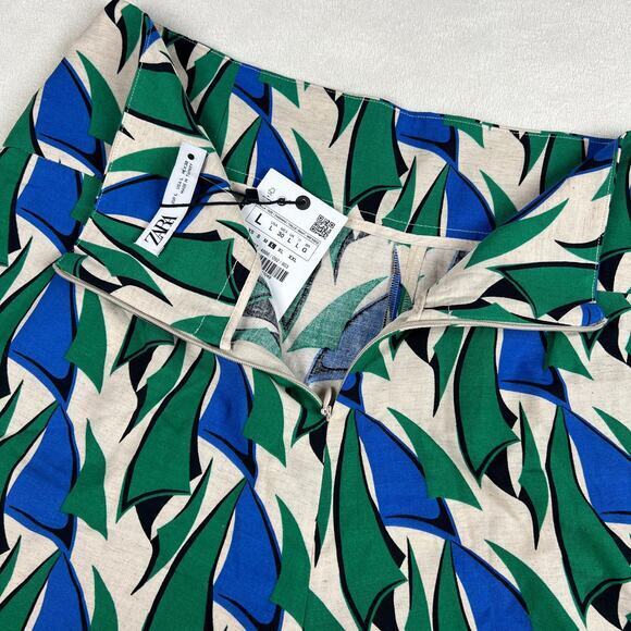 Zara Linen Women's High Waist Blue Green Geometric Print Shorts‎ Size L - Picture 6 of 9